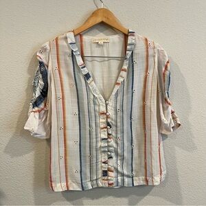 Lovestitch rayon cotton blend beige stripe vneck ruffle blouse size small